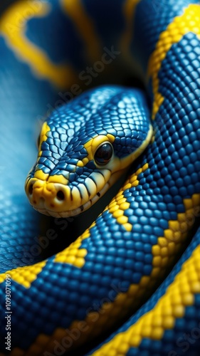 Vibrant blue and yellow snake coiled gracefully, showcasing stunning scales in a close-up view photo