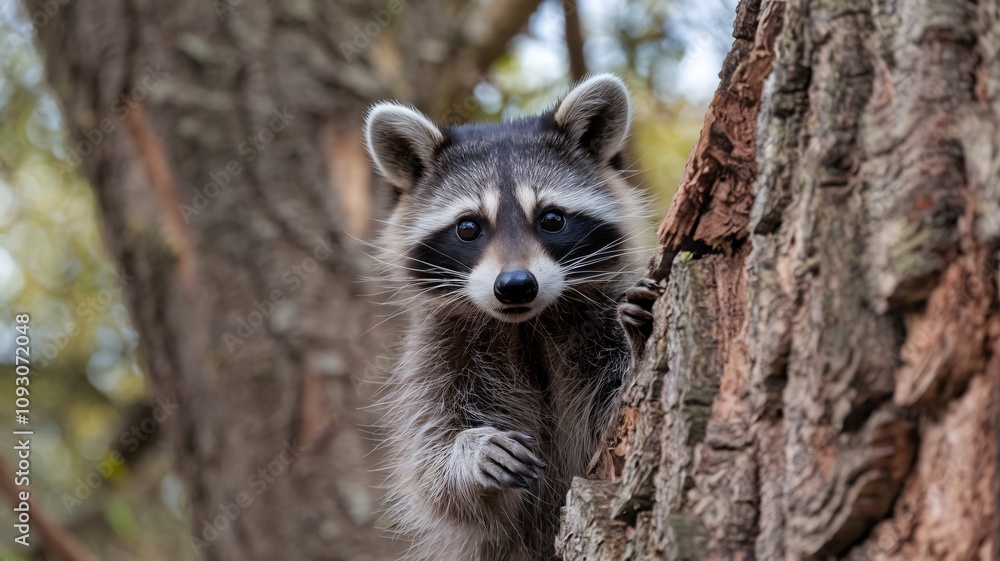 Curious Raccoon Peeking Behind Tree in Woodland Setting Curious Raccoon Peeking Behind Tree in Woodland Setting