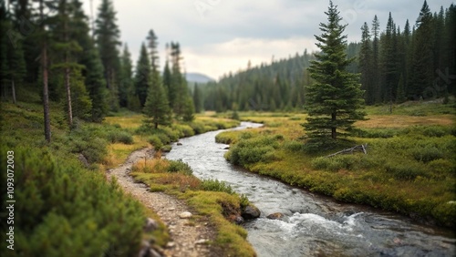 Blurred forest with a winding stream running through it, reflections, serene, peaceful, water, calmness