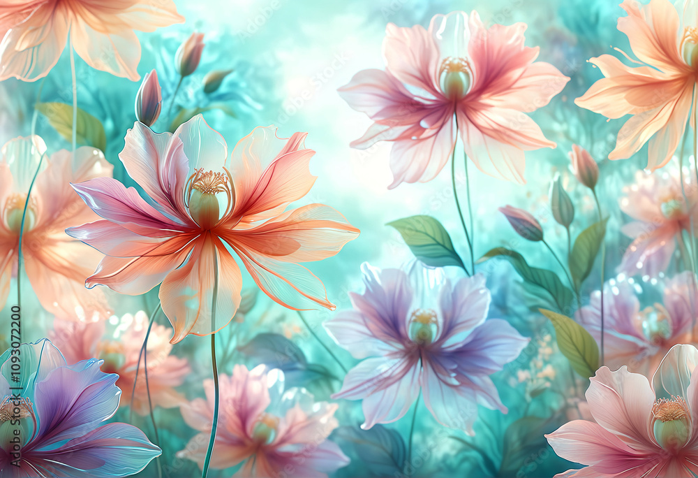 Delicate pastel colored background with fairytale flowers Delicate pastel colored background with fairytale flowers