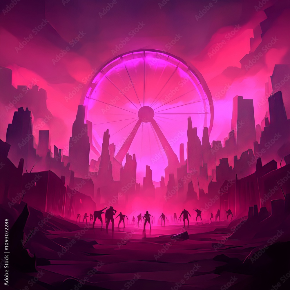 Naklejka premium Post-apocalyptic city skyline with a giant pink Ferris wheel and zombies.