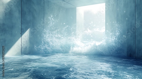 Fototapeta Naklejka Na Ścianę i Meble -  Blue ocean waves crashing into a rough concrete surface in a modern abstract concept 3d rendering