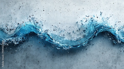 Blue wave forms breaking against a textured concrete surface modern abstract aesthetic 3d rendering