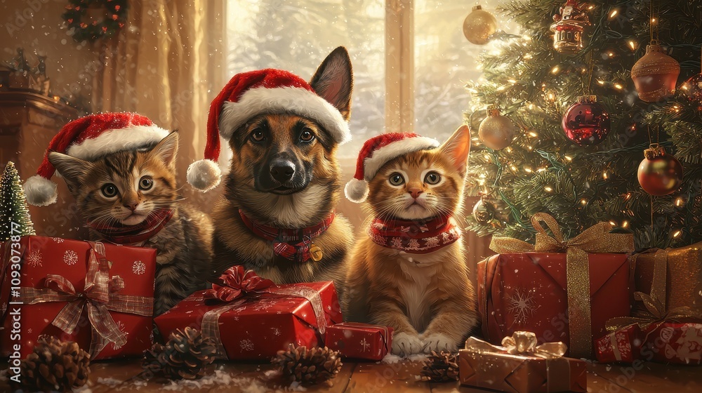 Pets in Holiday Costumes by the Christmas Tree Pets in Holiday Costumes by the Christmas Tree