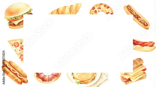Frame of hot dogs and hamburgers on a white background.