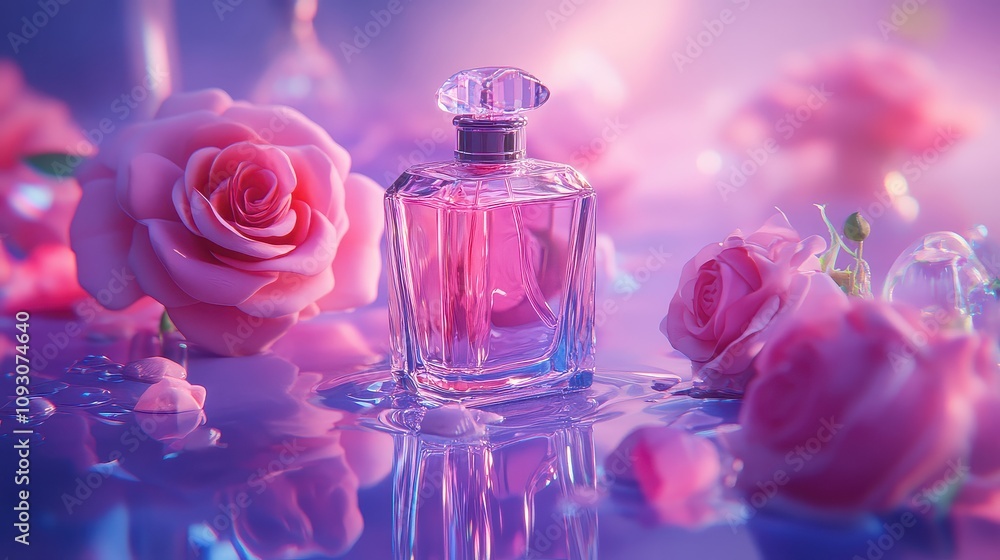 A luxurious perfume bottle with purple color palette and intricate patterns on the glass, placed against a reflective surface surrounded by delicate rose blossoms. A luxurious perfume bottle with purple color palette and intricate patterns on the glass, placed against a reflective surface surrounded by delicate rose blossoms.