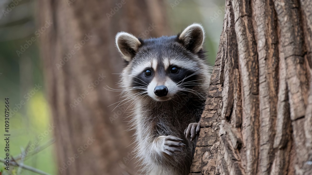 Curious Raccoon Peeking Behind Tree in Woodland Setting Curious Raccoon Peeking Behind Tree in Woodland Setting