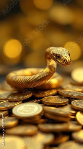 Golden snake coiled on a pile of shiny coins during a mystical treasure hunt in an enchanted setting photo