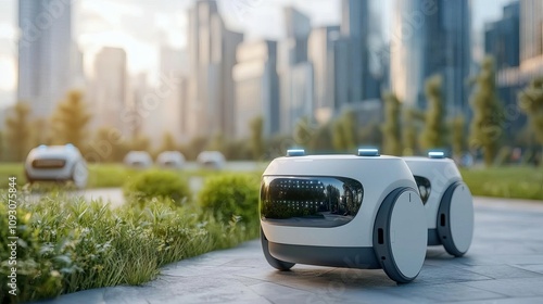 Autonomous delivery robots in urban park modern technology urban environment futuristic viewpoint innovation in logistics