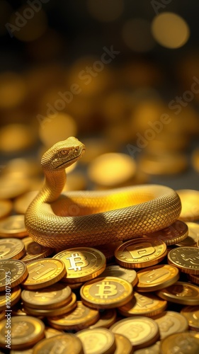 Golden snake coiled atop shiny coins symbolizing cryptocurrency wealth and intrigue photo