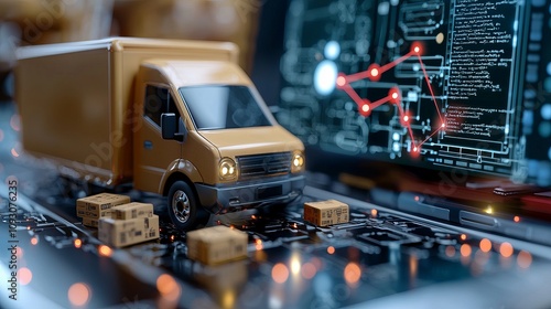 Innovative delivery solutions siamrat blockchain nodes connect fleet of delivery vans tech hub digital logistics urban environment futuristic perspective