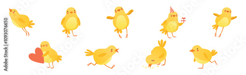 Funny Yellow Chicken Engaged in Different Activity Vector Set