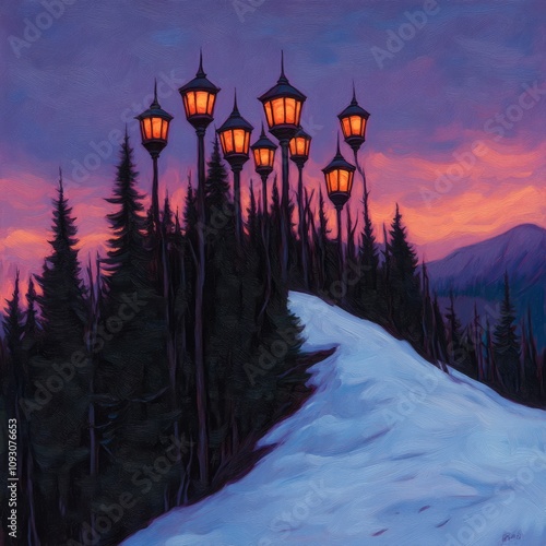 Seven lit lamps atop snowy hill at sunset, surrounded by dark evergreen trees and mountains. photo