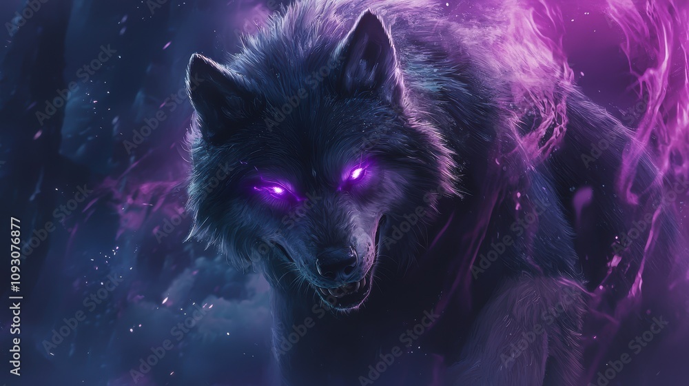 Obraz premium Mysterious Dark Wolf Surrounded by Ethereal Energy in Enchanting Forest Scene with Glowing Eyes and Dynamic Visual Effects