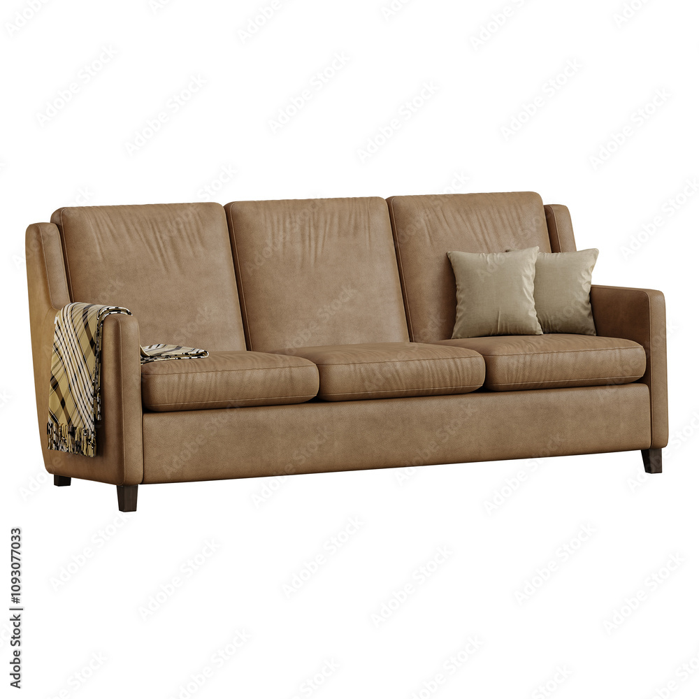 Fototapeta premium A brown leather couch with a blanket draped over it