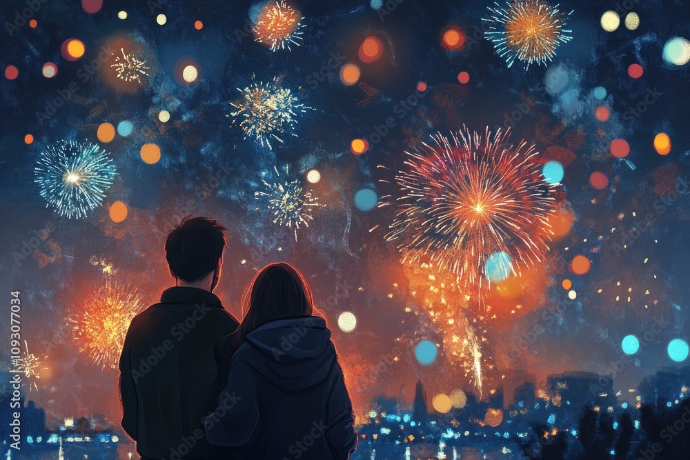 Couple Watching Fireworks Display Over Cityscape Couple Watching Fireworks Display Over Cityscape