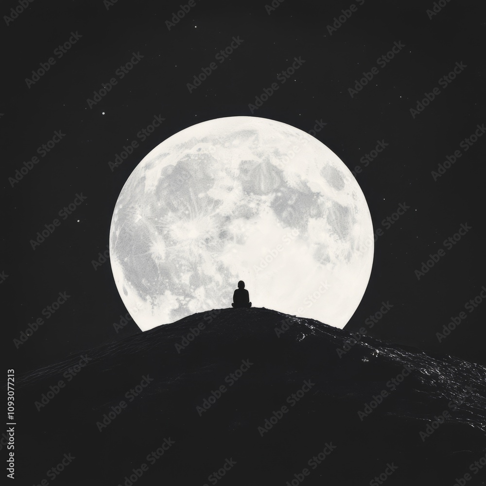 Silhouette of person sitting on hilltop, gazing at a large full moon in a night sky. Silhouette of person sitting on hilltop, gazing at a large full moon in a night sky.