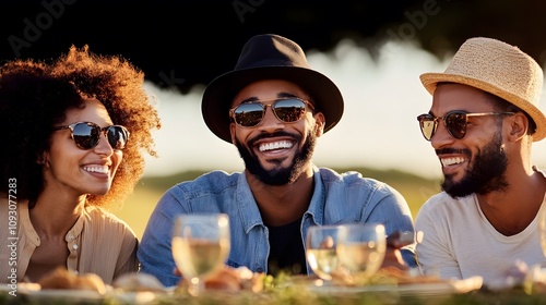 Group of friends enjoying an unposed picnic outdoors in a park photo