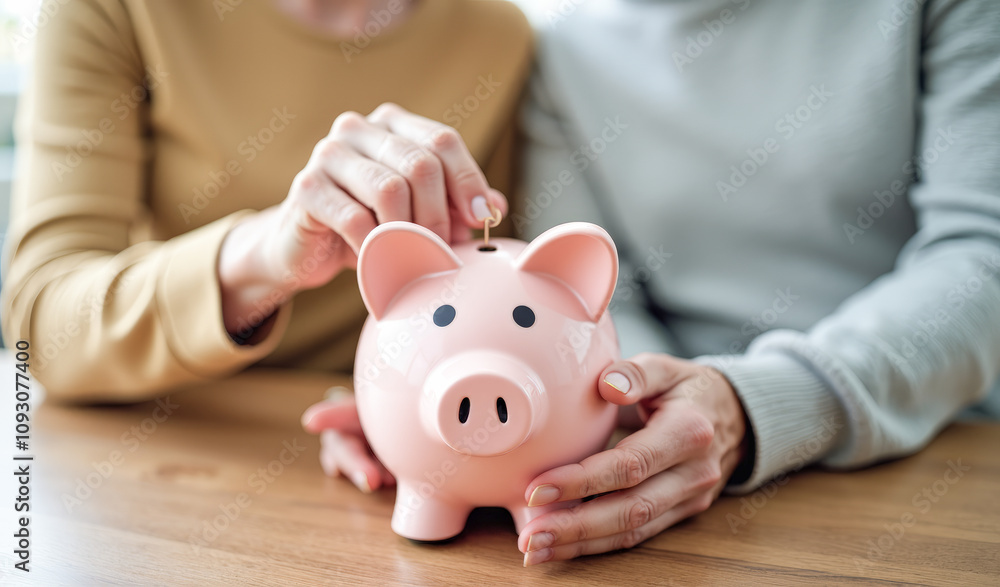 an elderly couple throws coins into a piggy bank an elderly couple throws coins into a piggy bank