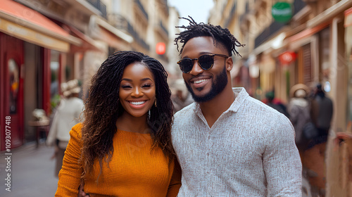 Young couple walking hand in hand on a city street, smiling genuinely