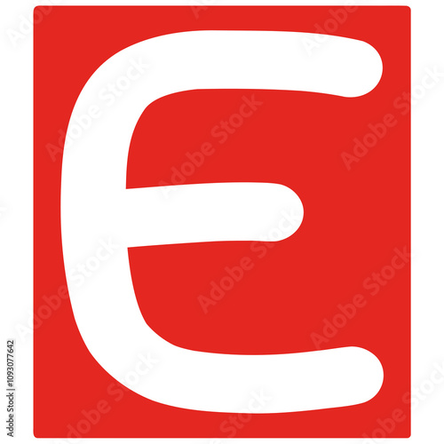 white letter e on red rectangle background