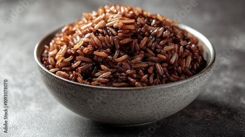 Bowl of cooked red rice on dark background.