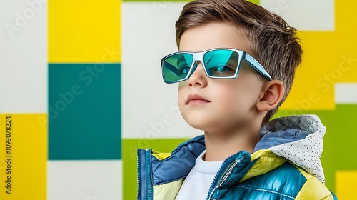 Stylish young boy with sleek hair wearing trendy reflective blue glasses standing in front of a vibrant digital inspired geometric pattern with green and yellow squares and lines photo