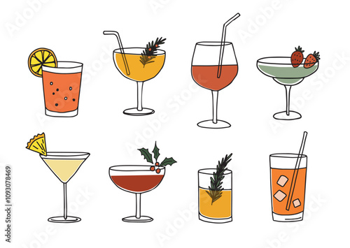 Set of hand drawn doodle alcoholic drinks, cocktails with orange lemon, slices, ice, strawberry and cherries. Happy New Year celebration, birthday party. Isolated vector icons, line illustration