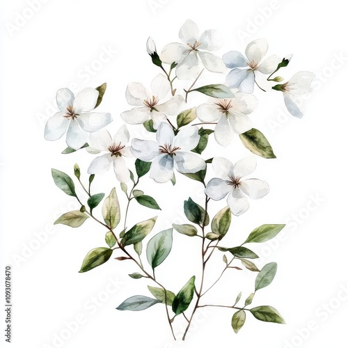 Watercolor jasmine flowers, gentle, elegant on white background 