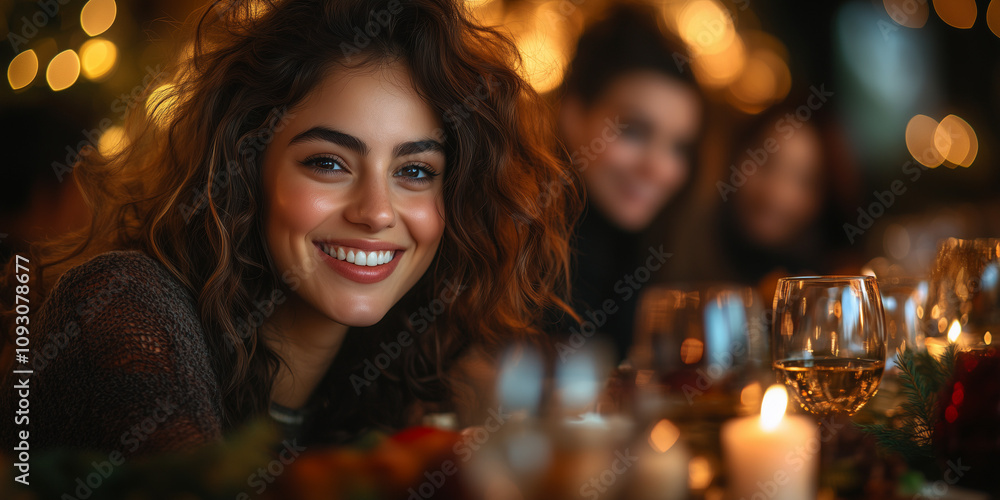 Smiling woman at a festive Christmas table Smiling woman at a festive Christmas table