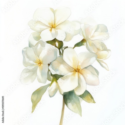 Watercolor jasmine flowers, gentle, elegant on white background 