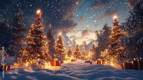 Festive Holiday Night in Snowy Woods