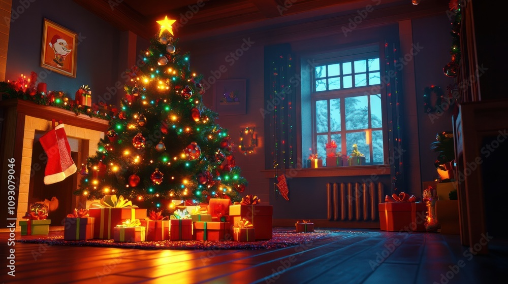 Christmas scene with presents under the tree, glowing lights, and festive decor filling the room with warmth Christmas scene with presents under the tree, glowing lights, and festive decor filling the room with warmth