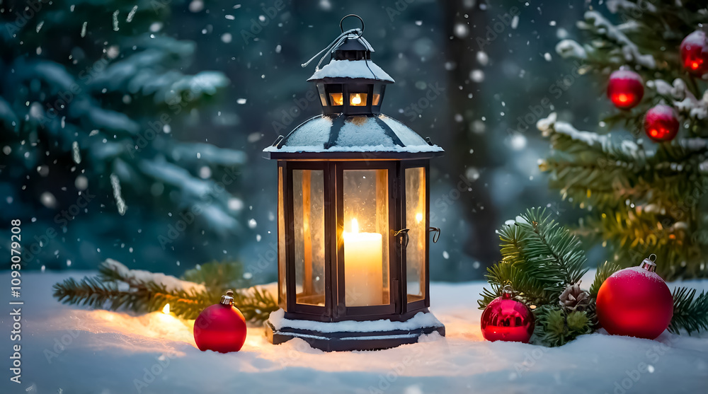 Winter Lantern in Snowy Christmas Scene - Candlelit Lantern Amid Snowflakes, Red Baubles, and Pine Branches Creating a Cozy Holiday Atmosphere Winter Lantern in Snowy Christmas Scene - Candlelit Lantern Amid Snowflakes, Red Baubles, and Pine Branches Creating a Cozy Holiday Atmosphere