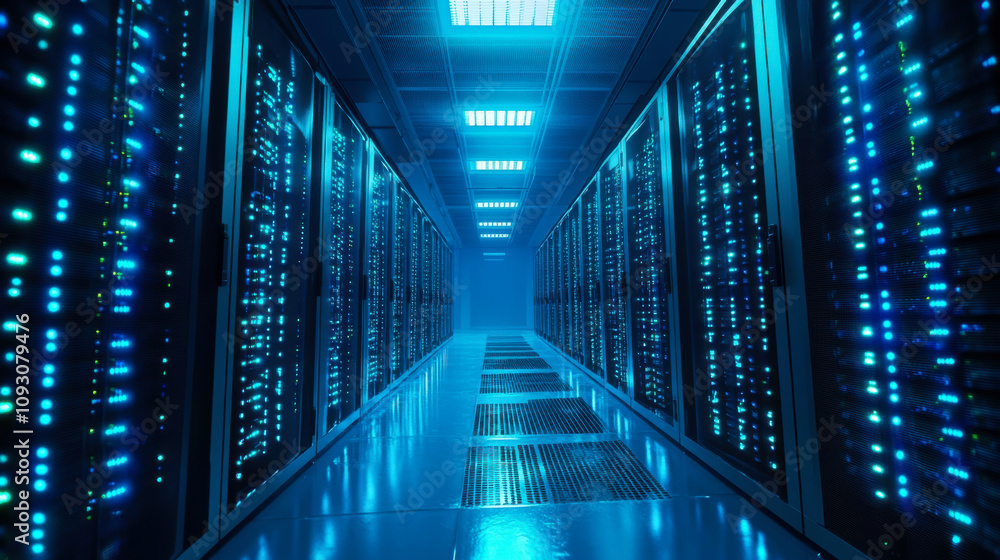 Fototapeta premium A glimpse inside a modern data center featuring rows of servers illuminated by blue LED lights at night