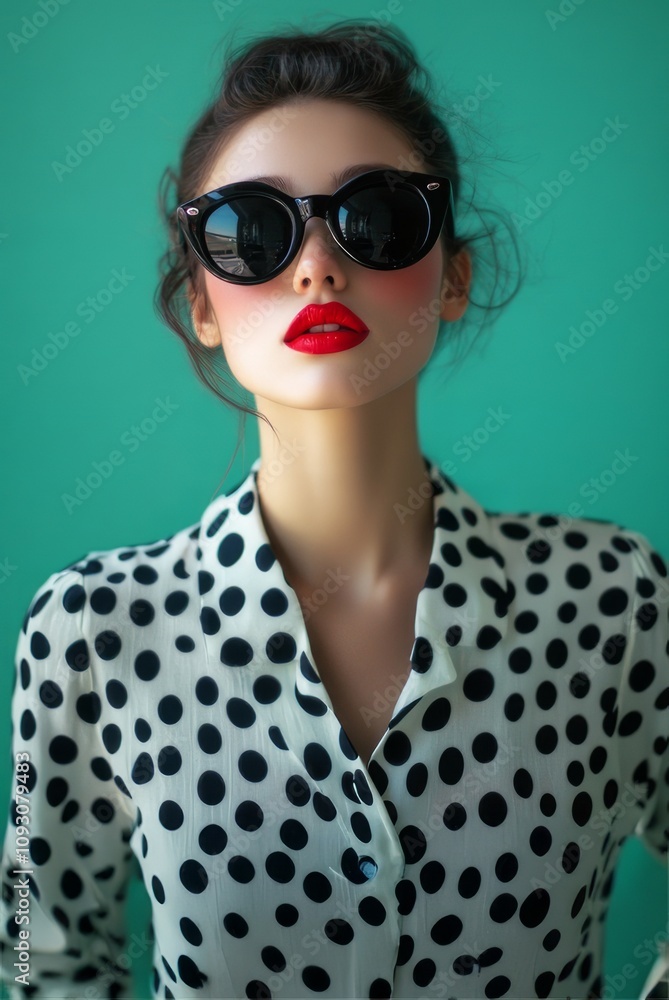 A stylish woman in sunglasses and red lipstick poses against a green background, embodying retro elegance. A stylish woman in sunglasses and red lipstick poses against a green background, embodying retro elegance.