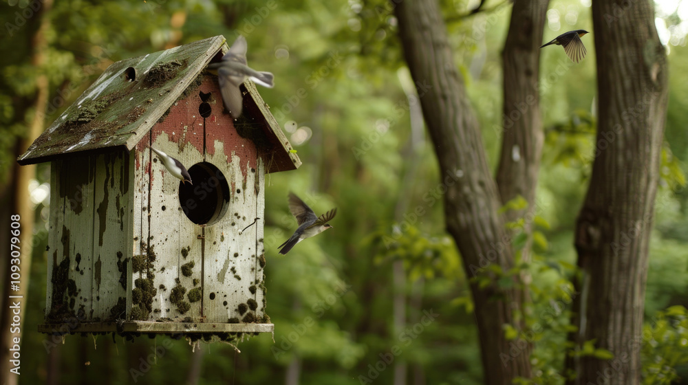 Weathered Birdhouse in Lush Forest with Birds in Flight Capturing Nature's Serenity and Rustic Charm Weathered Birdhouse in Lush Forest with Birds in Flight Capturing Nature's Serenity and Rustic Charm
