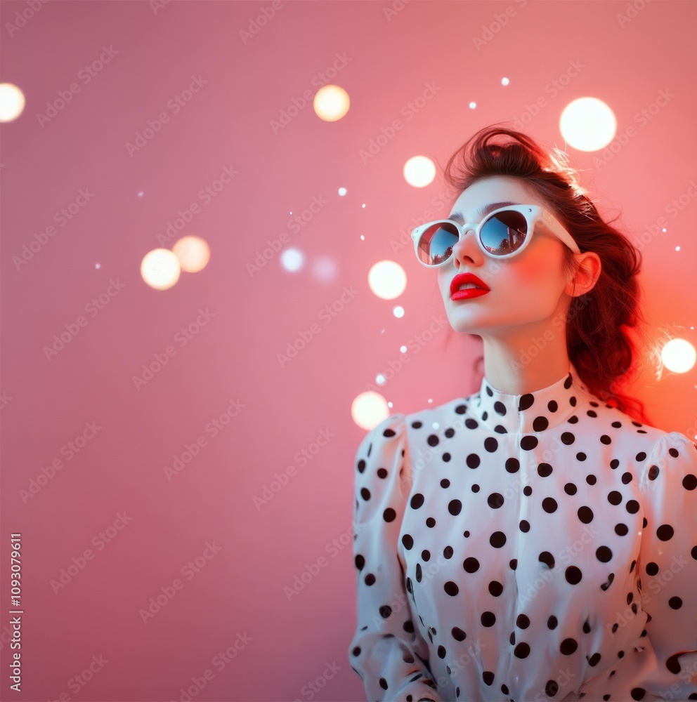 A stylish woman in sunglasses and red lipstick poses against a pink background, embodying retro elegance. A stylish woman in sunglasses and red lipstick poses against a pink background, embodying retro elegance.