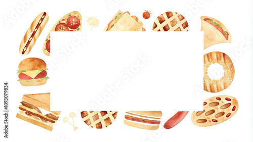 Watercolor illustration of a set of fast food. Sandwich, hamburger, cheeseburger, pizza, donut, ice cream.