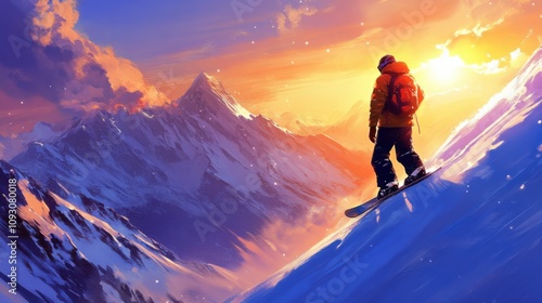 Snowboarder Facing Dazzling Mountain Sunset