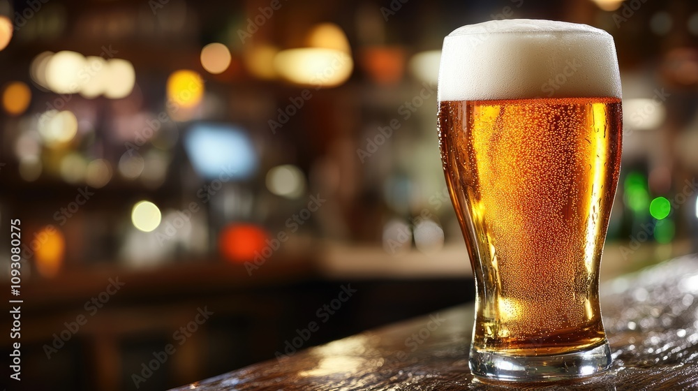 Refreshing golden beer in a clear glass, bubbles rising to the top, with a cozy wooden bar in the background. Refreshing golden beer in a clear glass, bubbles rising to the top, with a cozy wooden bar in the background.