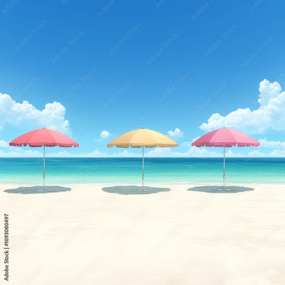 Three beach umbrellas on a sandy beach under a blue sky. Three beach umbrellas on a sandy beach under a blue sky.