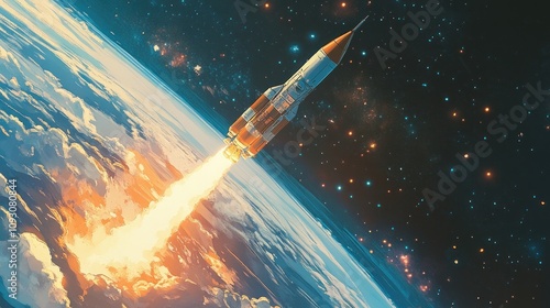 Rocket Launching into Space with Bright Flames and Vibrant Stars in the Background, Symbolizing Exploration and Innovation in Astronomy and Technology