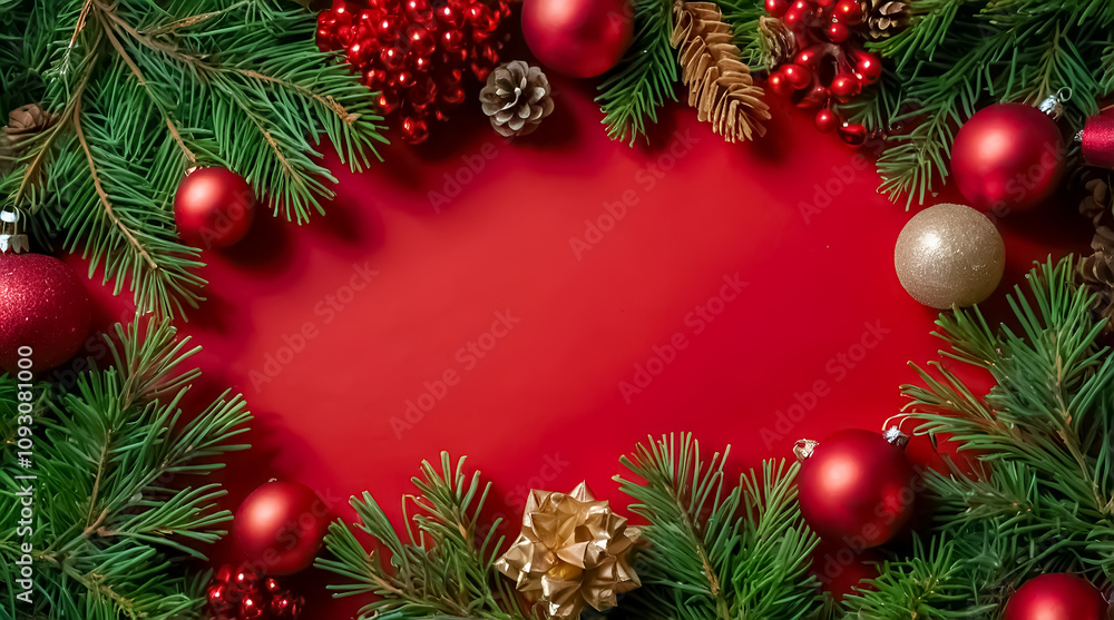 Festive Christmas Frame with Red and Gold Decorations - Pine Branches, Baubles, and Ribbons on a Vibrant Red Background Festive Christmas Frame with Red and Gold Decorations - Pine Branches, Baubles, and Ribbons on a Vibrant Red Background