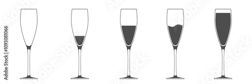 Vector set of glasses of wine from empty to full isolated on white background flat icon symbol.