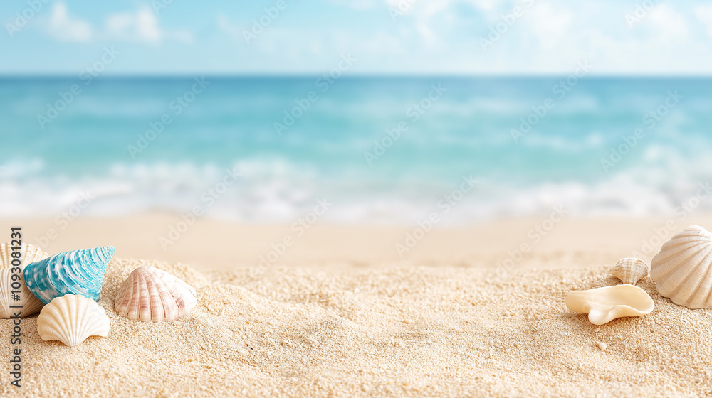 Seashells on Sandy Beach: A tranquil scene of seashells on a sandy beach with a soft, blurred backdrop of the ocean and sky, perfect for creating a sense of relaxation and summer vibes. Seashells on Sandy Beach: A tranquil scene of seashells on a sandy beach with a soft, blurred backdrop of the ocean and sky, perfect for creating a sense of relaxation and summer vibes.
