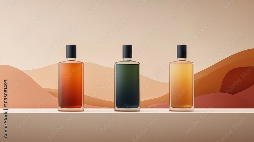 Luxurious perfume bottles featuring melted glass-inspired shapes and gradient hues, designed for premium and artistic presentation Luxurious perfume bottles featuring melted glass-inspired shapes and gradient hues, designed for premium and artistic presentation