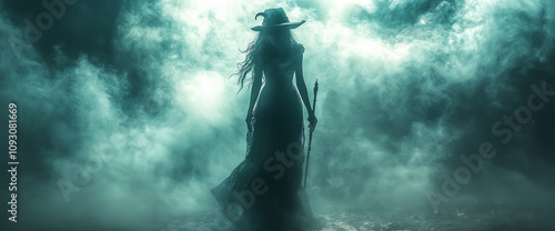 Witch in a dark dress and hat, holding a staff. Dark background and foggy. Gothic style.