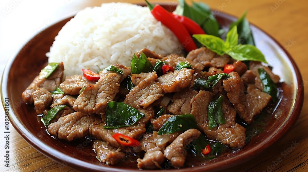 Vibrant and Flavorful Stir Fried Basil Pork Dish Served with Fragrant Rice and Fresh Chili Garnishes on a Rustic Wooden Table Vibrant and Flavorful Stir Fried Basil Pork Dish Served with Fragrant Rice and Fresh Chili Garnishes on a Rustic Wooden Table