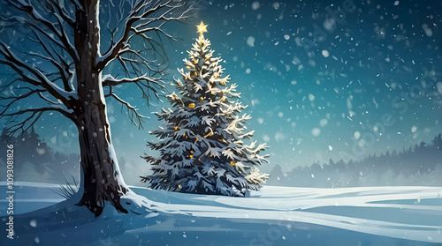 Christmas Tree in a Snowy Winter Night - Star-Lit Tree with Snowfall and Frosty Landscape Creating a Magical Holiday Sven photo